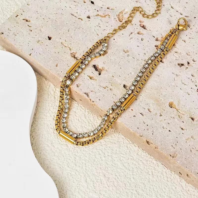 Gelang Zirkonia Berlapis Dua Keluli Tahan Karat Warna Emas