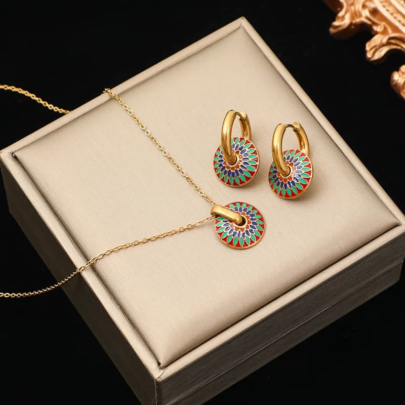 Set Rantai Leher & Anting-anting Bunga Vintage