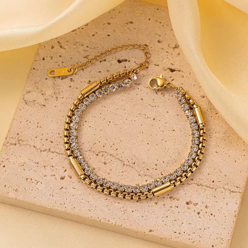 Gelang Zirkonia Berlapis Dua Keluli Tahan Karat Warna Emas
