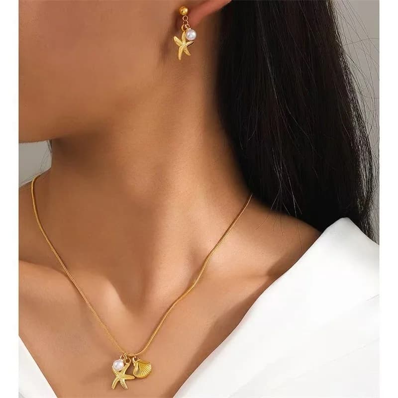 Set Kalung & Anting-anting Kerang Mutiara Bintang Laut