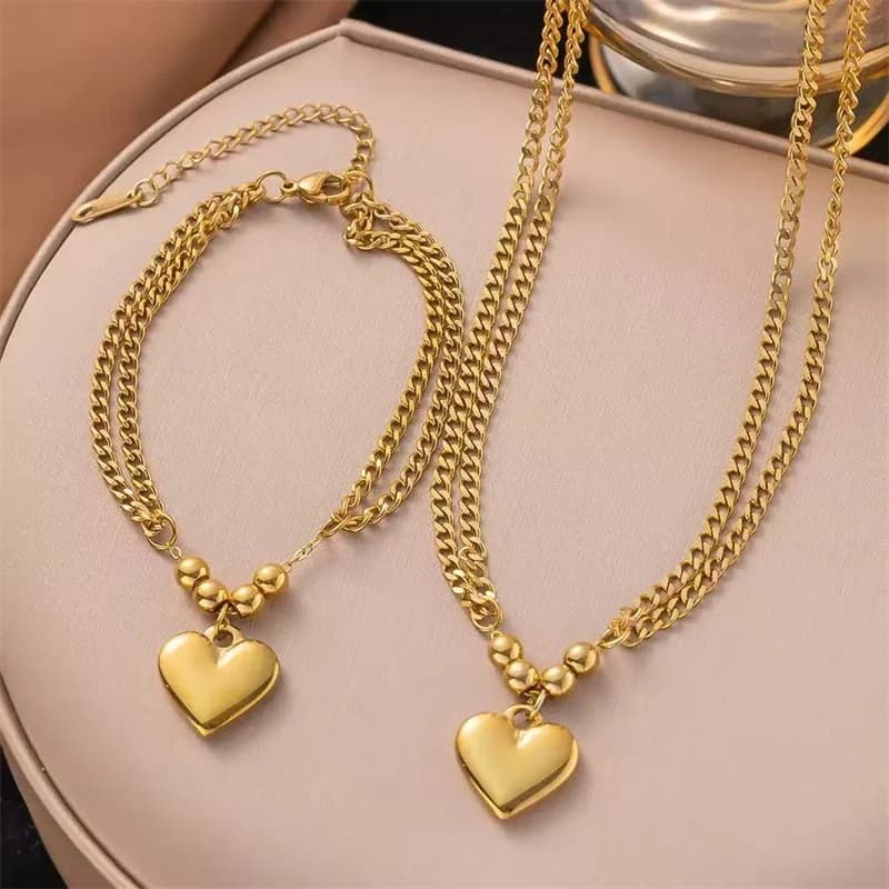 Set Rantai Leher & Gelang Tangan Loket Hati Emas