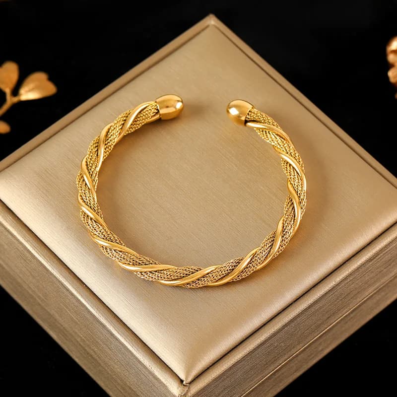 Gelang Tangan Bangle Berpilin Boleh Laras Berwarna Emas Keluli Tahan Karat 316L
