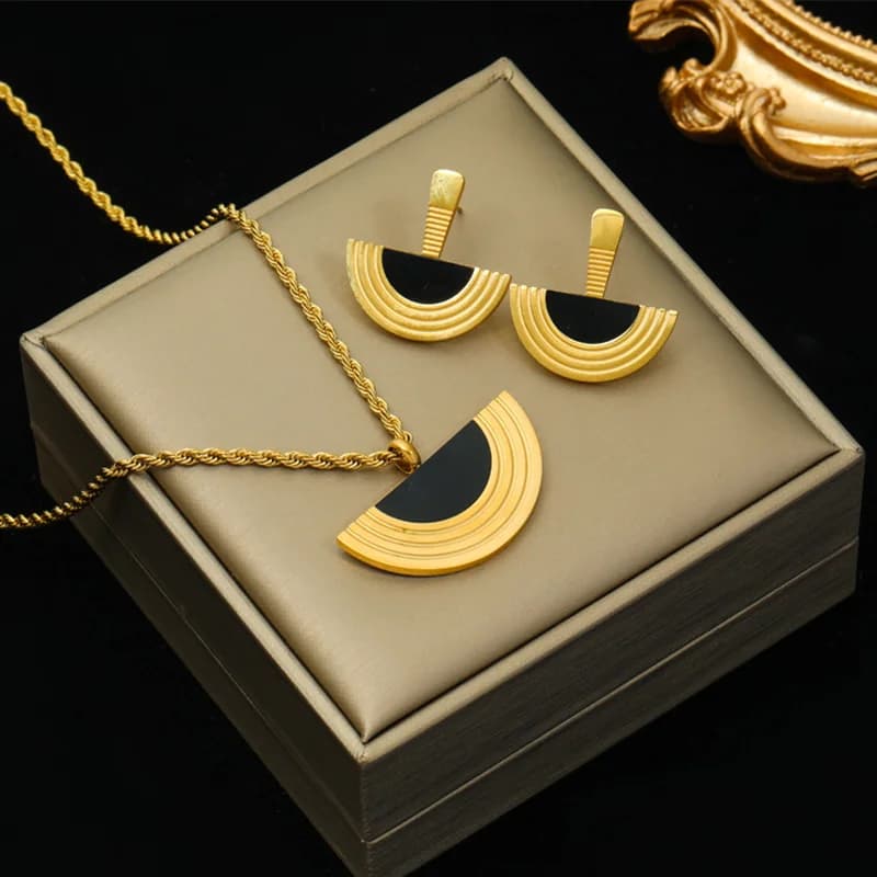 Set Kalung Loket Separuh Bulatan Geometri & Anting-anting