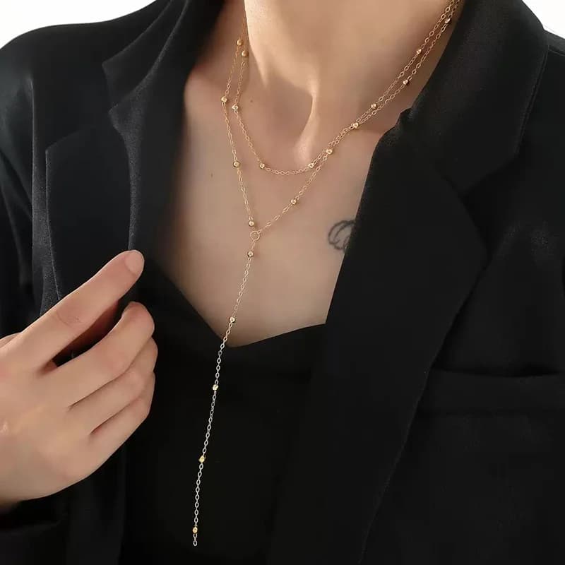 Kalung Loket Bentuk Y Panjang Manik Emas Halus