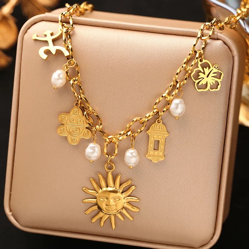 Rantai Leher Loket Pelbagai Charms, PVD Emas 18K