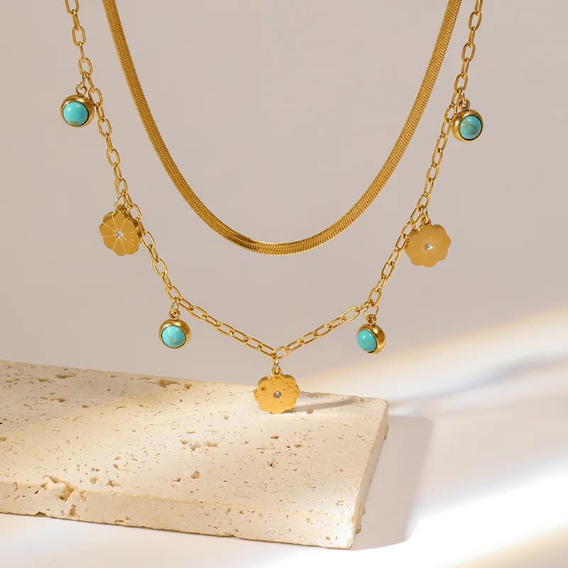 Kalung Choker Berbilang Lapis Batu Hijau