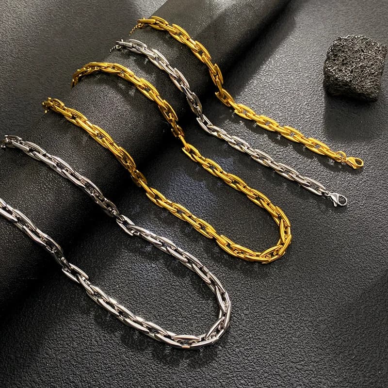 Set Rantai Leher & Gelang Rantai Tebal Warna Emas