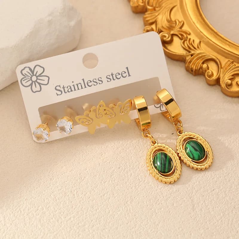 Set Anting-anting Stud Kupu-kupu Batu Hijau Oval 3 Pasang