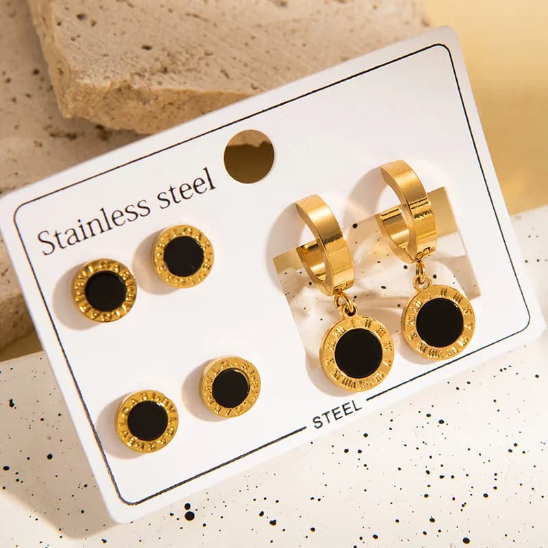 Set Anting-Anting Angka Romawi Bulat Hitam (3 Pasang)