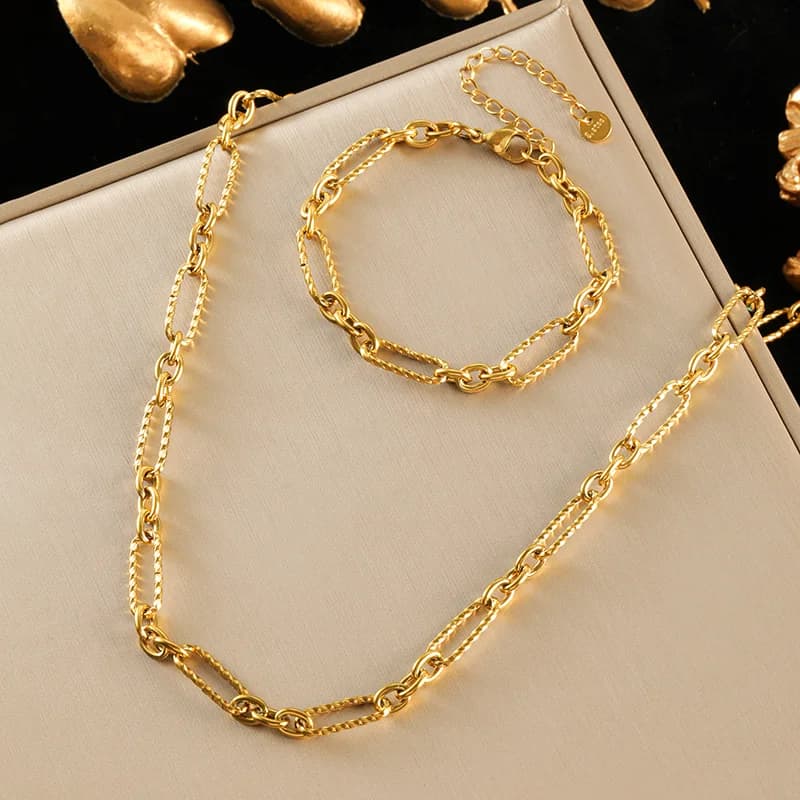 Set Rantai Leher dan Gelang Rantai Warna Emas