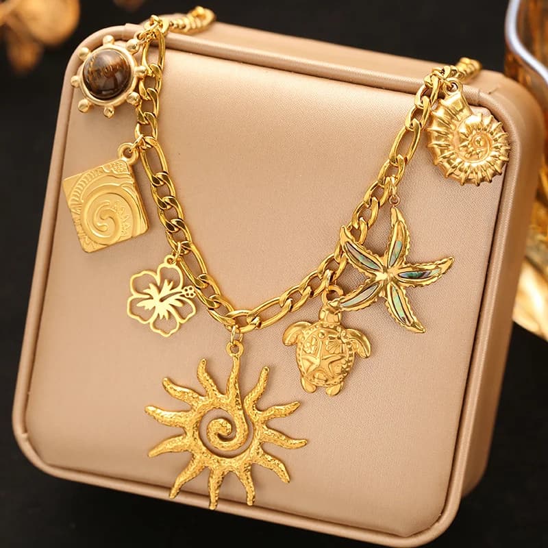 Rantai Leher Loket Pelbagai Charms, PVD Emas 18K