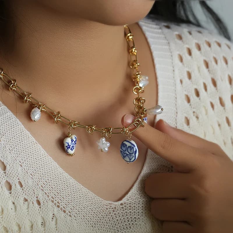 Kalung Loceng Mutiara Emas Keladi Celadon Keluli Tahan Karat 316L