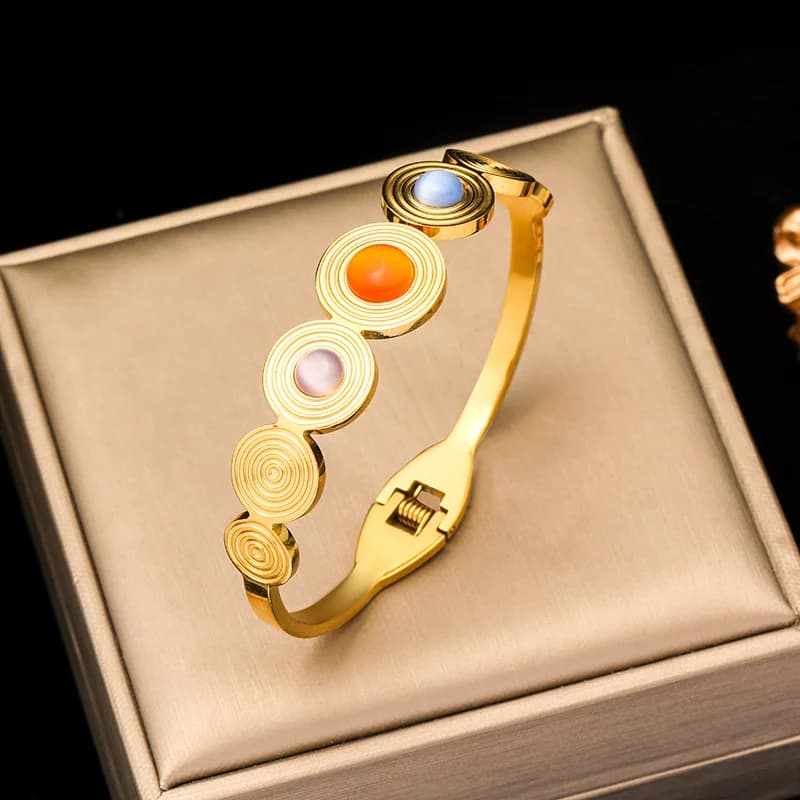 Gelang Bangle Batu Warna-warni Bulat Keluli Tahan Karat