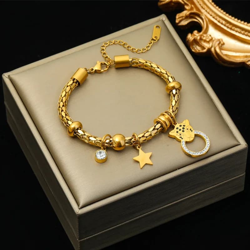 Gelang Tangan Charm Bintang dan Harimau Tutul, Rantai Tebal Keluli Tahan Karat