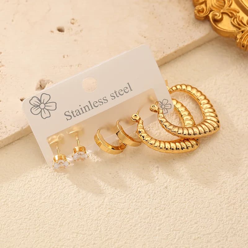 Set Anting Stud Hati Zirkon Keluli Tahan Karat