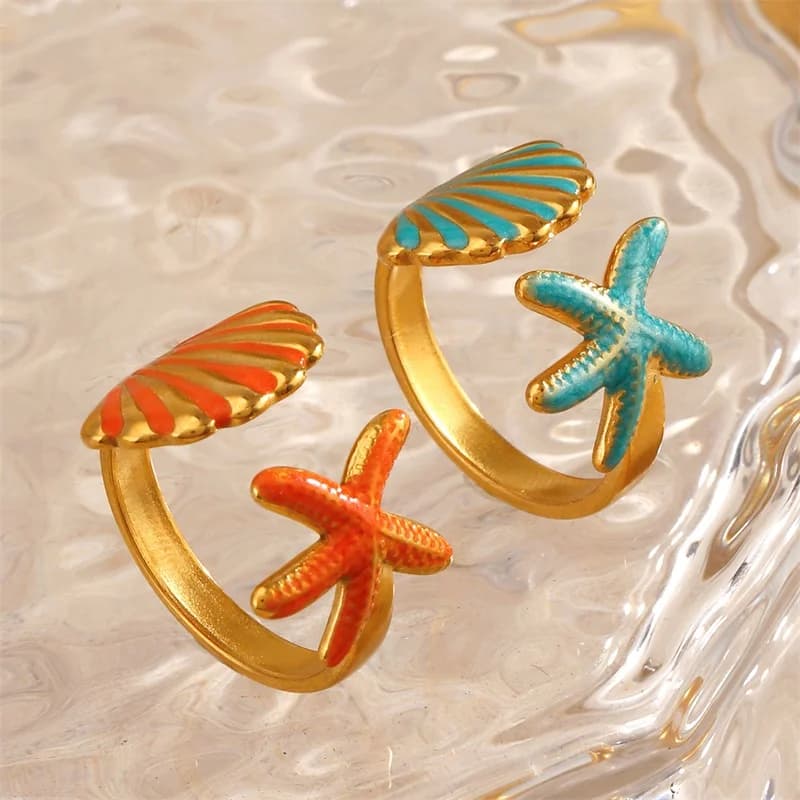 Cincin Boleh Laras Bintang Laut & Kerang Enamel, Keluli Tahan Karat