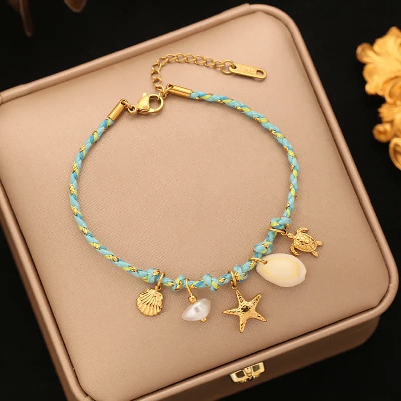 Gelang Charm Bintang Laut dan Kerang dengan Rantai Tali