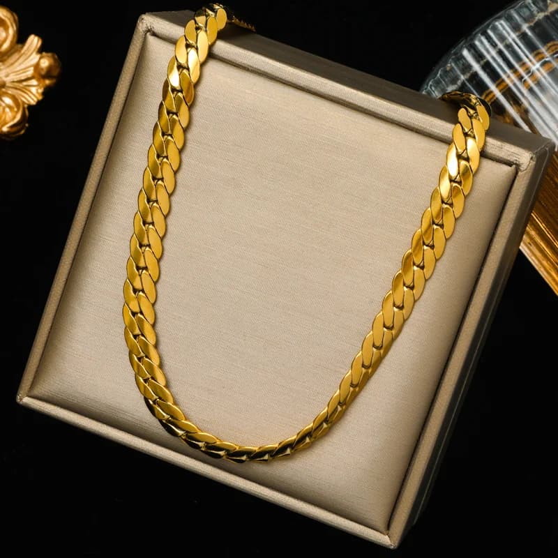 Set Rantai Leher & Gelang Rantai Lebar Rata Warna Emas