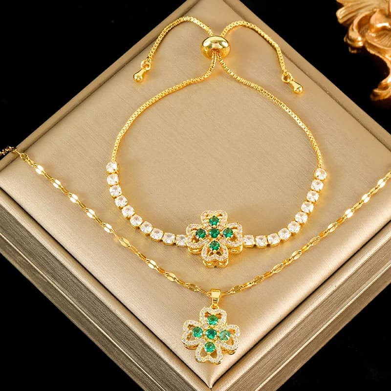Set Kalung dan Gelang Clover Hijau Zirkon Berputar