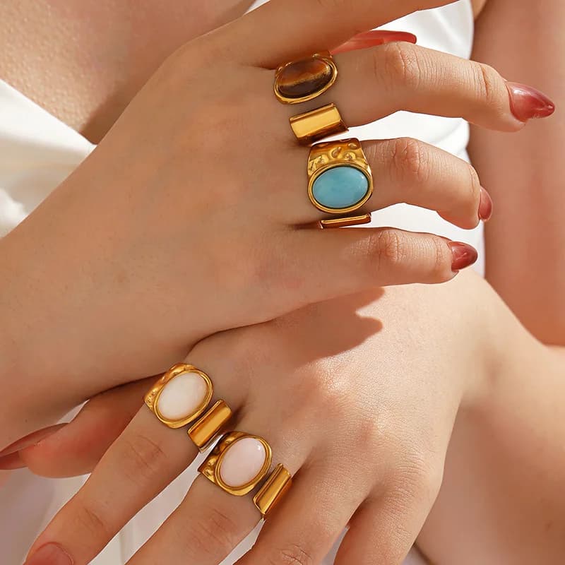 Cincin Boleh Laras Batu Oval Vintage Keluli Tahan Karat