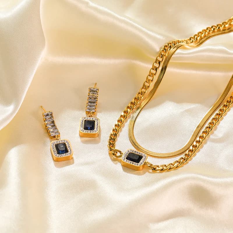 Set Rantai Leher & Anting-anting Snake Chain Zirkon Biru