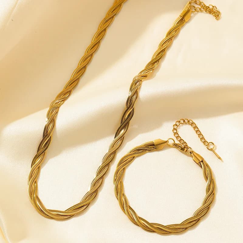 Set Rantai Leher & Gelang Rantai Tenunan Salib