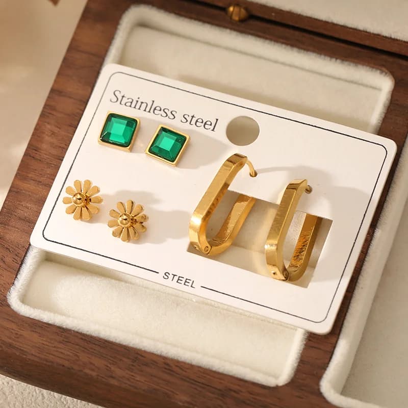 Set Anting-anting Bunga Zirkon Hijau (3 Pasang)