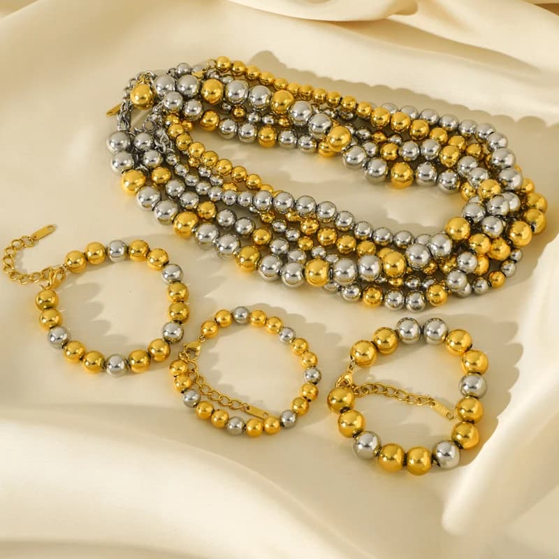 Set Rantai Leher & Gelang Manik Padat Emas dan Perak