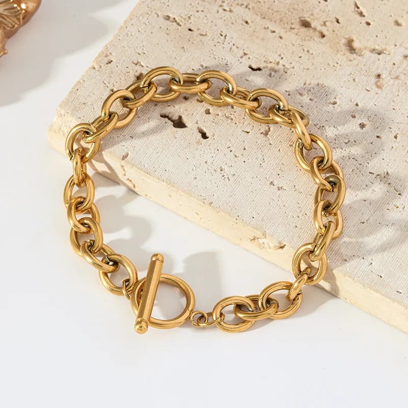 Gelang Rantai Pautan Tebal dengan Buckle OT, Bertekstur