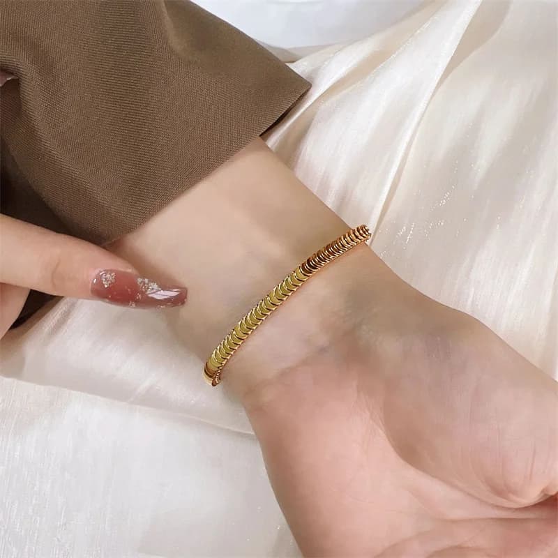 Set Rantai Leher & Gelang Rantai Ular Warna Emas