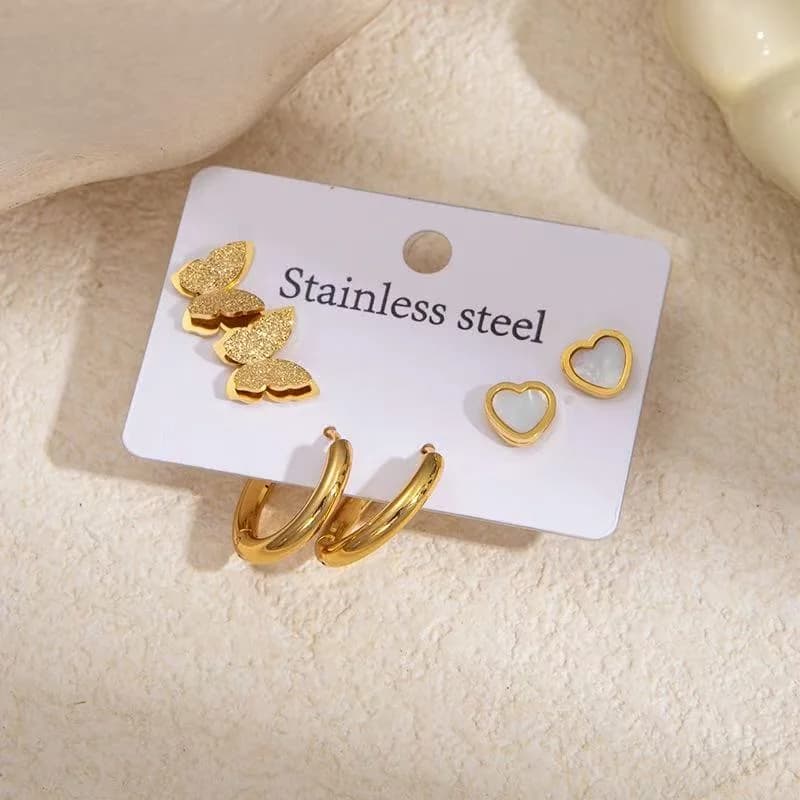 Set Anting Stud Lingkaran Hati & Kupu-kupu (3 Pasang)