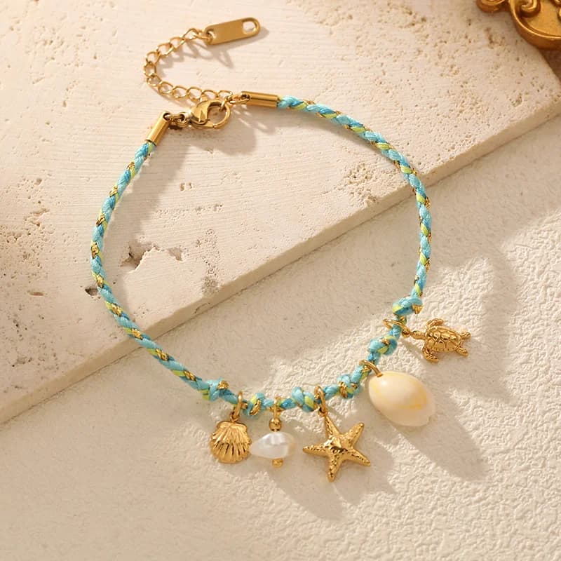 Gelang Charm Bintang Laut dan Kerang dengan Rantai Tali