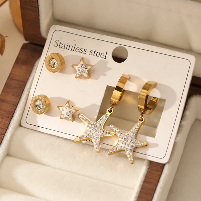 Set Anting Stud Bintang Lima Sudut Zirkon (3 Pasang)