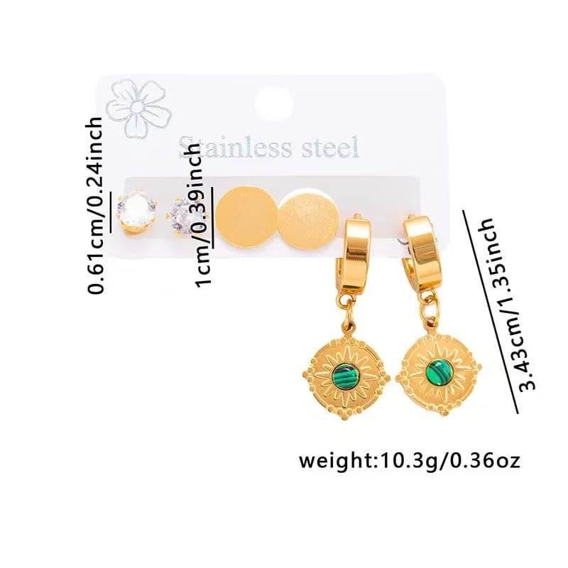 Set Anting-anting Gantung Batu Hijau Vintage 3 Pasang