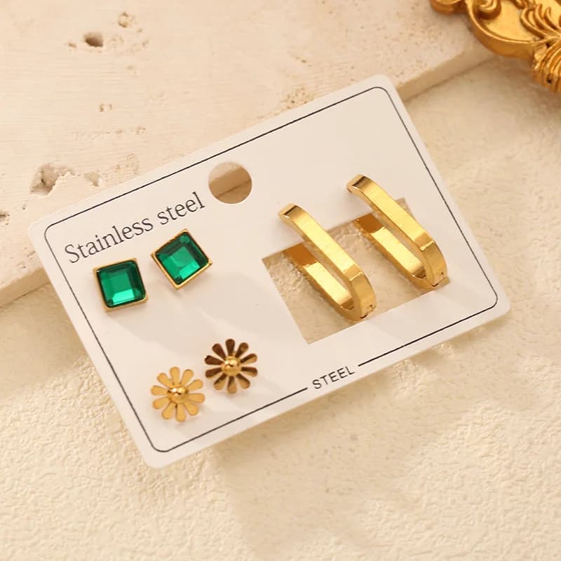 Set Anting-anting Bunga Zirkon Hijau (3 Pasang)