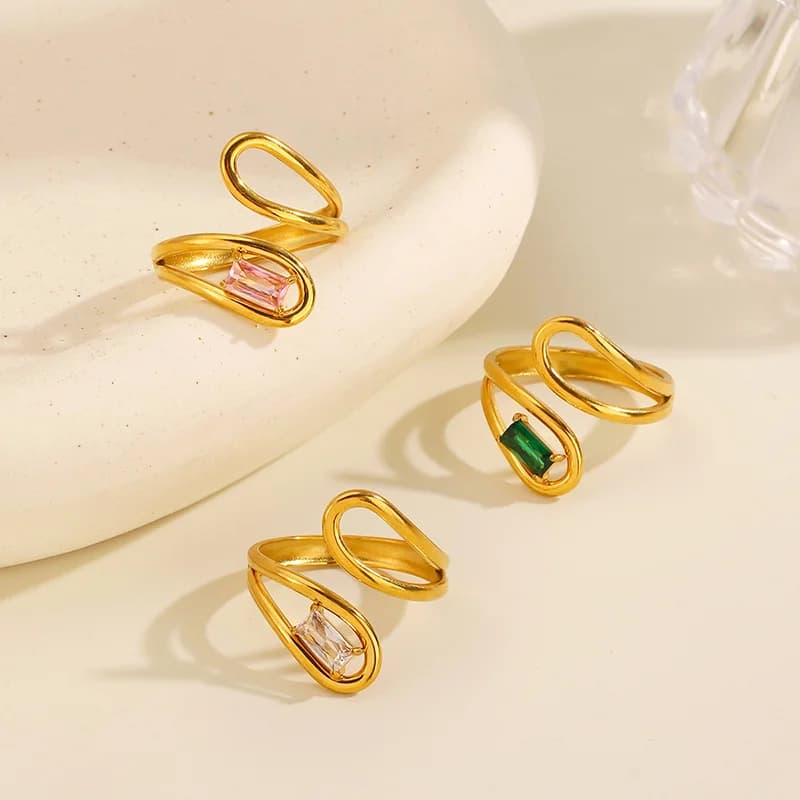 Cincin Boleh Laras Zirkon Kaca Geometri, Plating Emas 18K