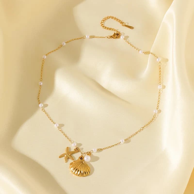 Set Rantai Leher & Anting-anting Mutiara Kerang Bintang Laut Emas