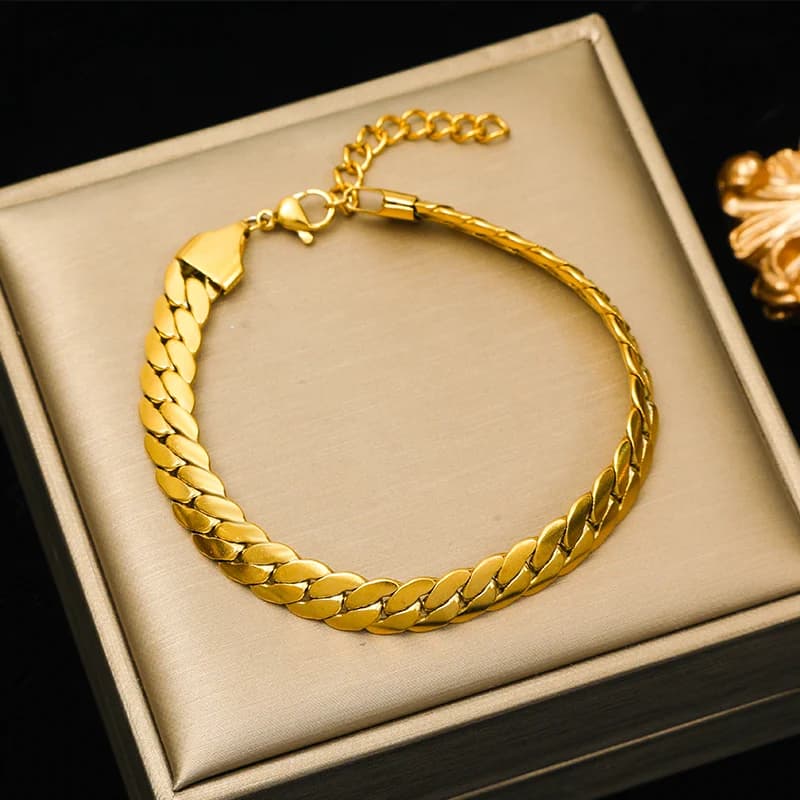 Set Rantai Leher & Gelang Rantai Lebar Rata Warna Emas