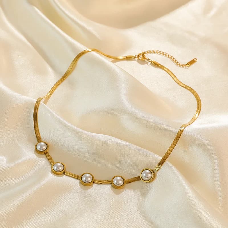 Rantai Leher Choker Mutiara Bulat Warna Emas