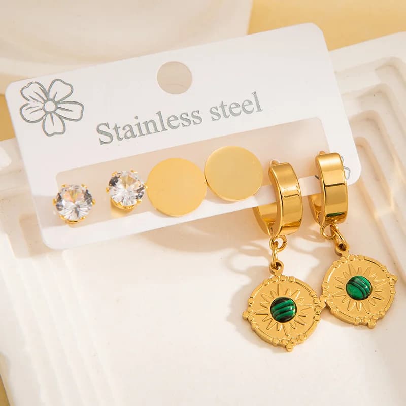 Set Anting-anting Gantung Batu Hijau Vintage 3 Pasang