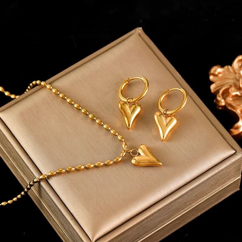 Set Rantai Leher & Anting-anting Cinta Hati, Perak