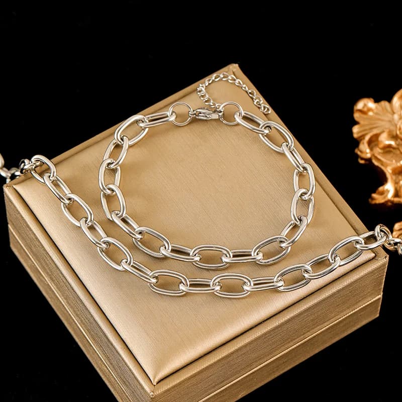 Set Rantai Leher & Gelang Rantai Warna Perak