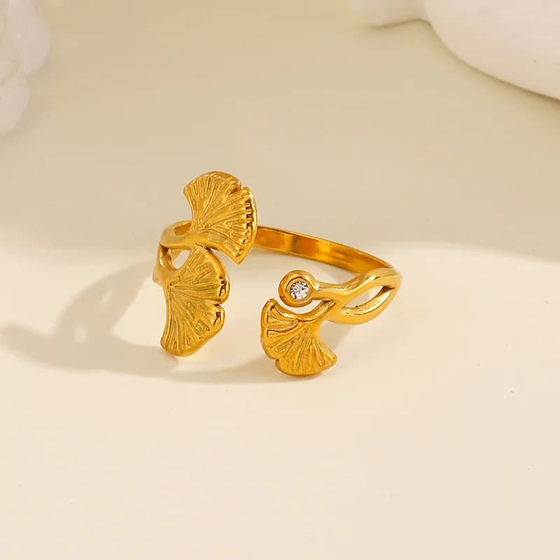 Cincin Boleh Laras Daun Ginkgo Zirkon, Keluli Tahan Karat