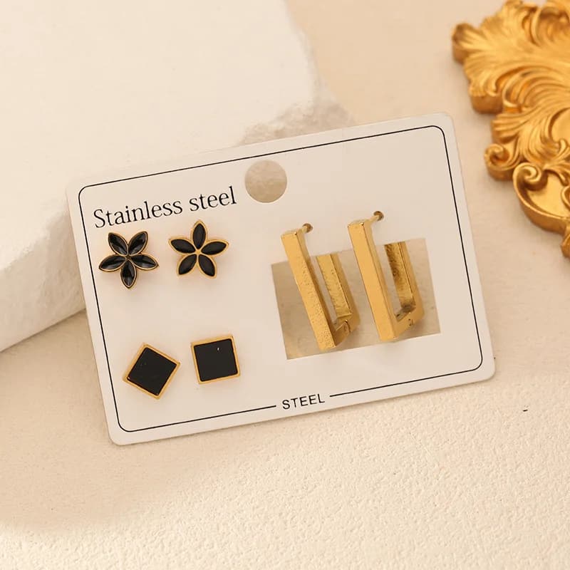 Set Anting-anting Hoop & Stud Floral Geometri Hitam (3 Pasang)