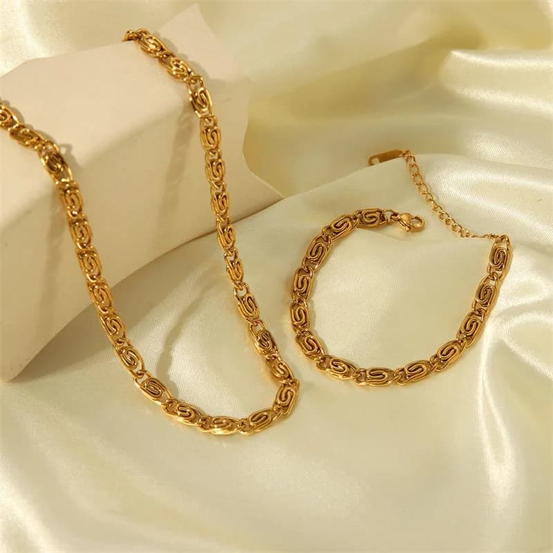 Set Kalung & Gelang Rantai Geometri, Emas