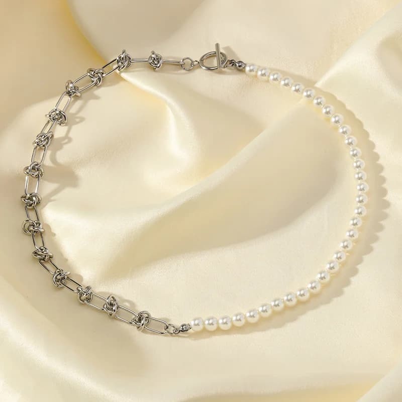 Set Kalung & Gelang Tangan Mutiara Asimetri, Perak