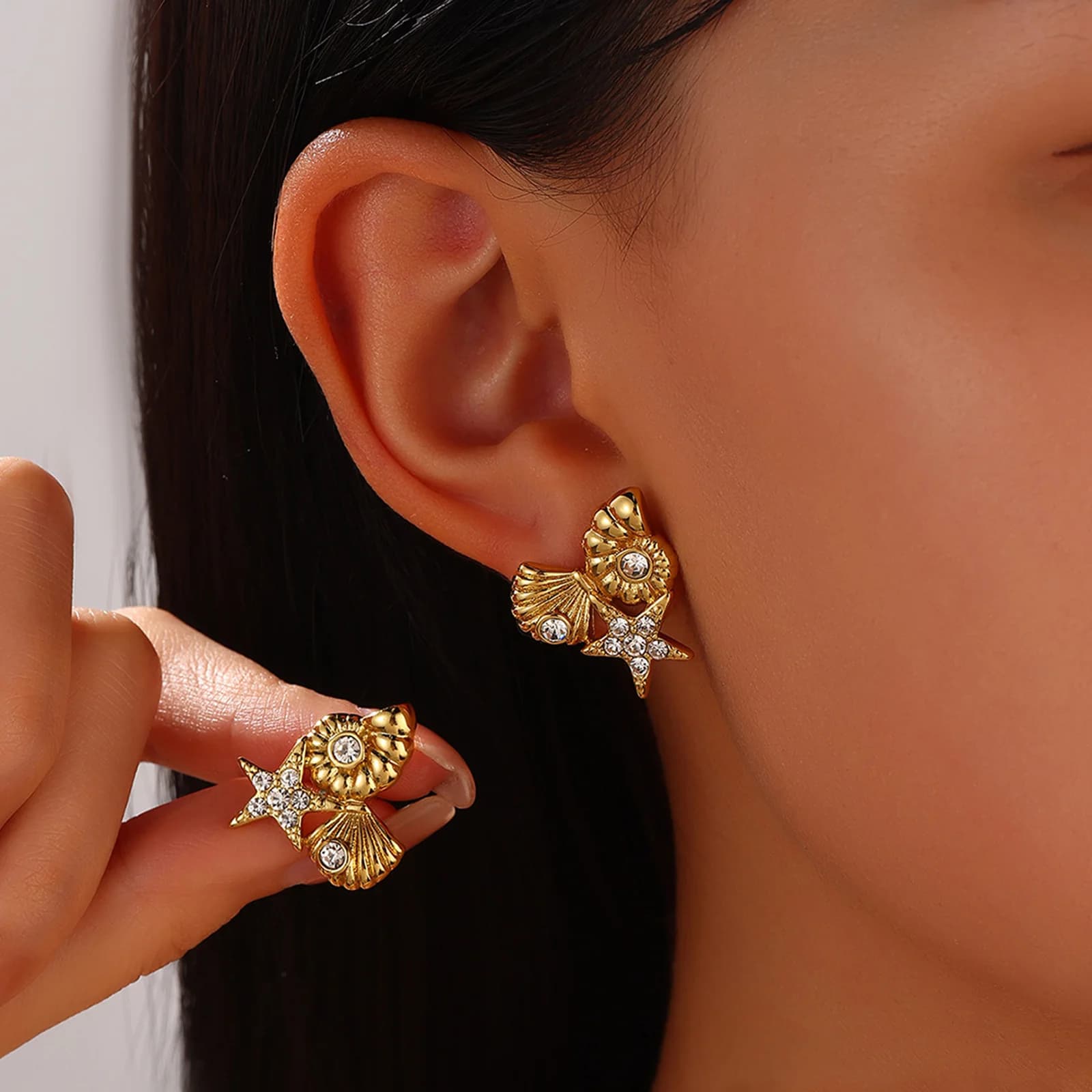 Anting-anting Stud Kerang Bintang Laut Zirkon Keluli Tahan Karat