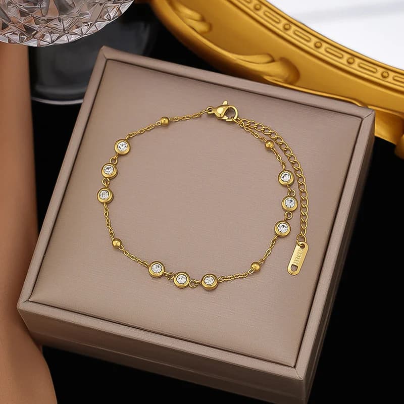 Gelang Zirkonia Berlapis Dua Keluli Tahan Karat Warna Emas