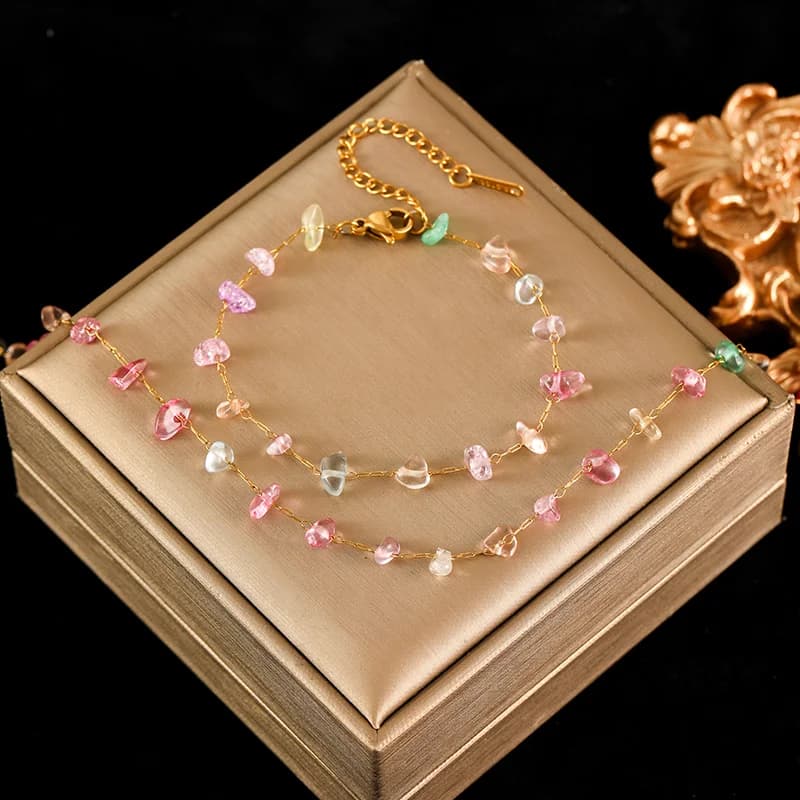 Set Rantai Leher dan Gelang Batu Akrilik Berwarna