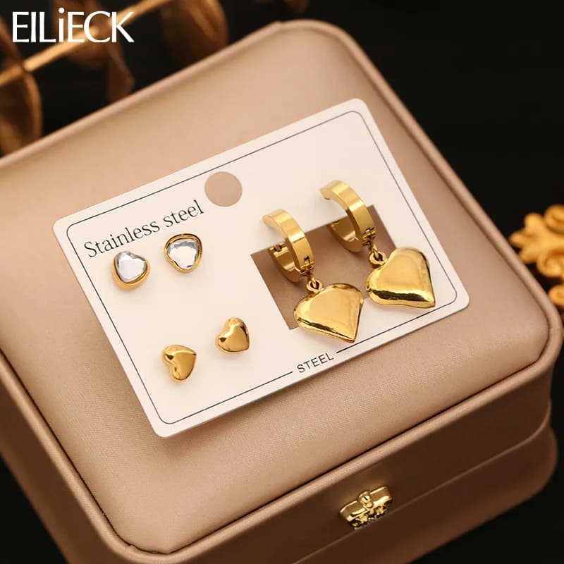 Set Anting Stud dan Drop Hati Zirkon (3 Pasang)